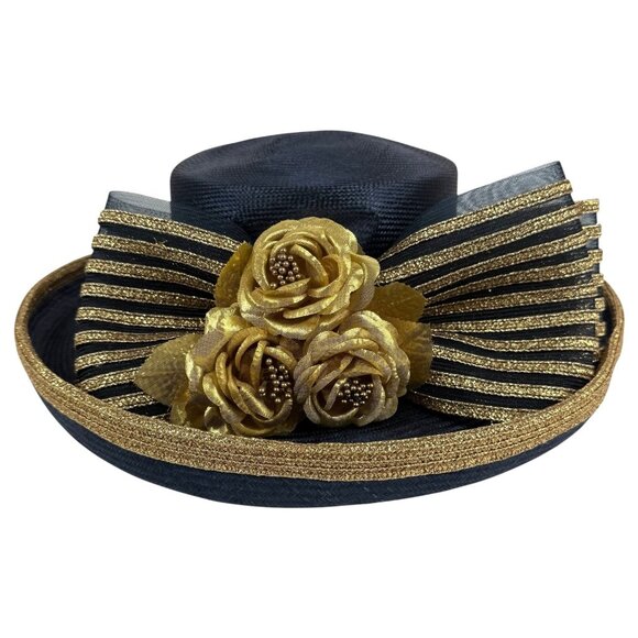 Mr John Classic Church Hat Blue And Gold Floral Bow Embellishments Wide Brim - Picture 2 of 11